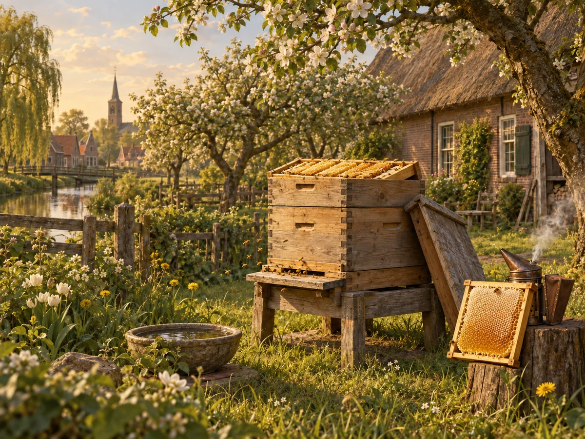 Een bijenkast met honingraten in de boomgaard